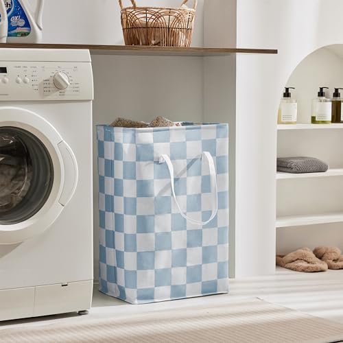 Checkered Laundry Hamper, Pack of 2, Large Pastel Blue Collapsible Cloth Hampers Basket for Storage Organization Cute Aesthetic, 2 x 75L - color: Blue