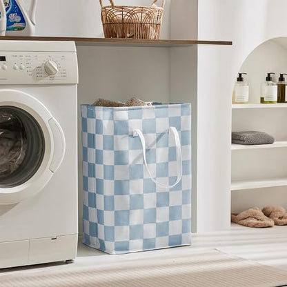 Checkered Laundry Hamper, Pack of 2, Large Pastel Blue Collapsible Cloth Hampers Basket for Storage Organization Cute Aesthetic, 2 x 75L - color: Blue