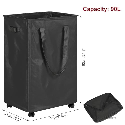 efluky Slim Laundry Hamper with Wheels, Rolling Laundry Basket for Clothes, Small Laundry Basket for Bedroom, Dorm and Laundry Room, 90L (19.8 Gallons) Black - color: Black, size: 90L