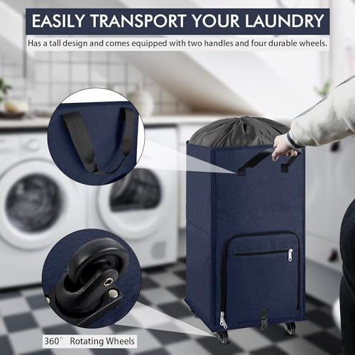 Bukere Large Rolling Laundry Basket, Laundry Hamper with Wheels, 4 Casters and 2 Handles, Collapsible Freestanding Wheeled Laundry Bag for Clothes, Apartment, College - color: Blue