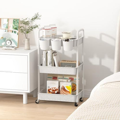 MOYIPIN 3-Tier Plastic Rolling Utility Cart with Handle,White - color: White, size: 3-Tiers with cups