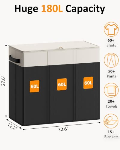 Optish 180L Laundry Hamper 3 Section, Large Hamper with Mesh Bags & Lid - color: White & Black
