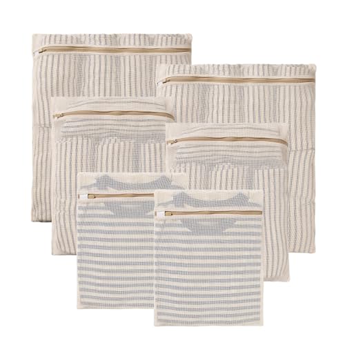 HEAVYWOOD 6-Piece Cotton Mesh Landry Bag Organic Wash Bag for Washing Machine Lingerie Bags for Washing Delicates with Sturdy Anti-Rust Zipper Clothes Washing Bag (6Bags) - size: 2 Small*2 Medium*2 Large