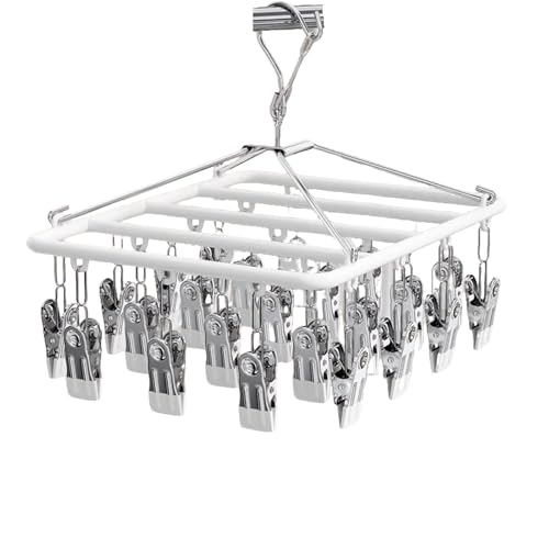 Drying Rack for Sock, Stainless Steel Sock Drying Rack with 23 Clips, Swivel Hook Windproof Hanger for Sock, Laundry, Hat, Scarf, Bras, Towel, Underwear, Pants, Gloves (White) - color: White