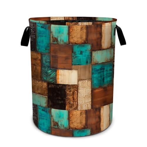 Vintage Geometric Teal Laundry Basket Foldable Laundry Hamper With Handles Clothes Storage Bucket Organizer Laundry Bag For Bedroom Bathroom Laundry Storage 19.6 x 15.7 - color: Vintage Geometric Teal