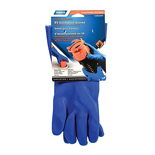 Camco Durable All Purpose RV and Camper Reusable Sanitation Gloves - Will Grip in Wet or Dry Conditions | Blue PVC Gloves - 1 Pair (40287)