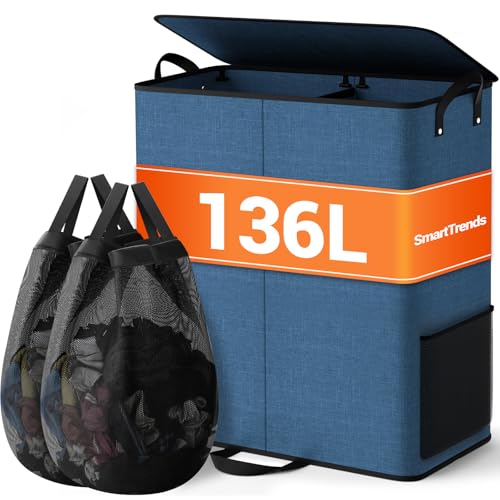 136L 2 Section Laundry Hamper with Lid, Laundry Basket, Blue - color: Blue, size: 136L