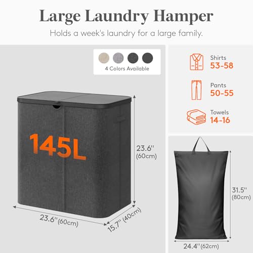 Lifewit 145L Large Laundry Basket with Lid, Laundry Hamper with Plastic Handles and Removable Bag, Foldable Tall Dirty Clothes Hampers for Laundry for Laundry Room, Bedroom, Bathroom, Dorm, Dark Gray - color: Dark Gray, size: 145L