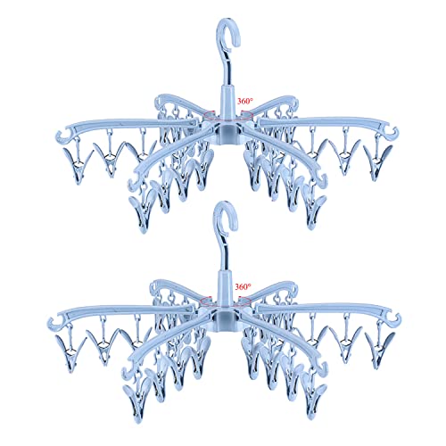 Clothes Drying Hanger with 24 Clips, Foldable Hanging Rack 2 Pack - color: Blue 2