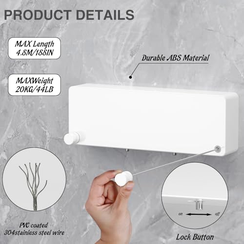 Retractable Clothesline Indoor, Non-Sagging Clothes line retracting Outdoor, Heavy Duty Wall Mounted Laundry Line Adjustable Stainless Steel for Laundryroom, Bathroom, 15.8 Feets Double Lines White - style: White