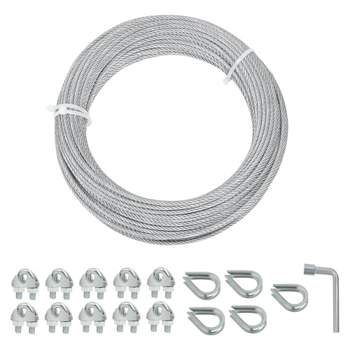 Galvanized Steel Wire Rope Cable, 1/8” Galvanized Steel Cable with Rope Clamp and Thimble, 7X7 Strand Core Aircraft Cable Used for Anchored Shed, Fencing, Sunshade, Clothesline (50ft) - size: 3mm, style: 50FT