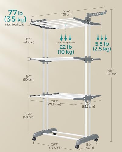 SONGMICS 4-Tier Clothes Drying Rack, Foldable, Rolling, 66.6-Inch Tall - color: White + Gray, style: 4-Tier