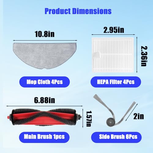 Q7 M5+ Replacement Parts Kit, compatible with Roborock Q7 M5+ and Q7 L5+ robot vacuums. Includes 2 main brushes, 6 side brushes, 6 dust bags and filters, 4 mop pads, 1 cleaning tool, and a screwdriver