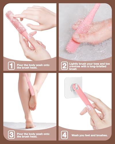 4 Pack Toe Cleaning Brush Set,Long Handle Bath Toe Brush Scrubber Bathroom for Seniors Elderly Men and Women (Pink) - color: Pink