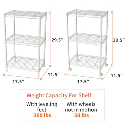 SINGAYE 3 Shelves Storage Shelf Wire Shelving Unit Metal Adjustable Wheels - color: White, size: 3Tier/11.5"D X 17.5"W X 30.5"H