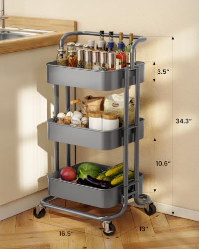 Pipishell Metal 3 Tier Rolling Cart with Handle & 2 Lockable Wheels, Gray - color: Gray, size: 3-Tier