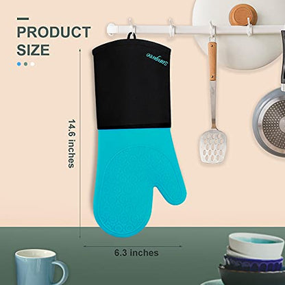 Silicone Oven Mitts - 14.6" Heat Resistant Oven Gloves for Baking, Cooking - color: Turquoise & Black, size: 14.6in Oven Mitts