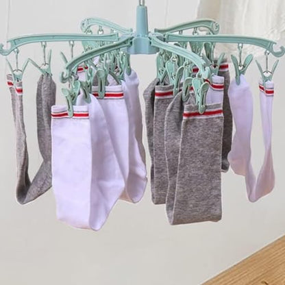 Foldable Drying Rack with 24 Clips for Drying Socks Lingerie Baby Clothes Drying Towels Rotatable Sock Drying Rack - color: Green