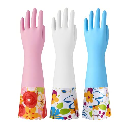 Bamllum 16-Inch Latex-Free Cleaning Gloves, Cotton Flocked Liner, Large - color: Blue+pink+white, size: Large