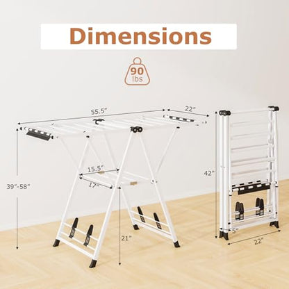 GIANTEX Foldable Metal Clothes Drying Rack, 55.5" Height Adjustable Wings - color: White, size: 55.5"L x 39"-58"H