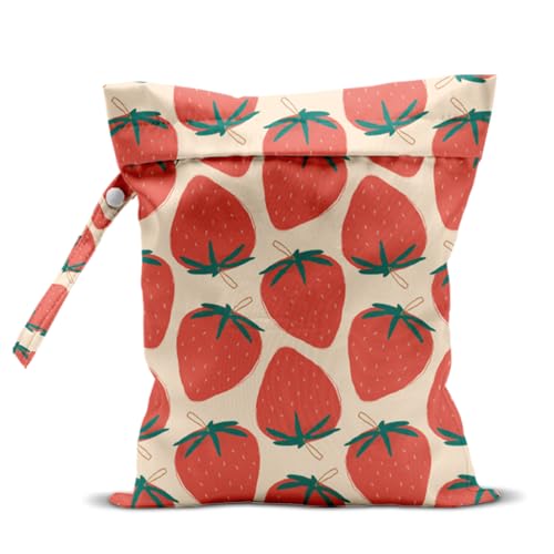 Wet Bag, Wet Dry Bag, Waterproof Swim Bags, Machine Washable Reusable Bags for Beach, Pool, Diapers, and Dirty Yoga Gym Clothes(Cute Strawberry Print - color: Light Pink Flat Design Strawberry