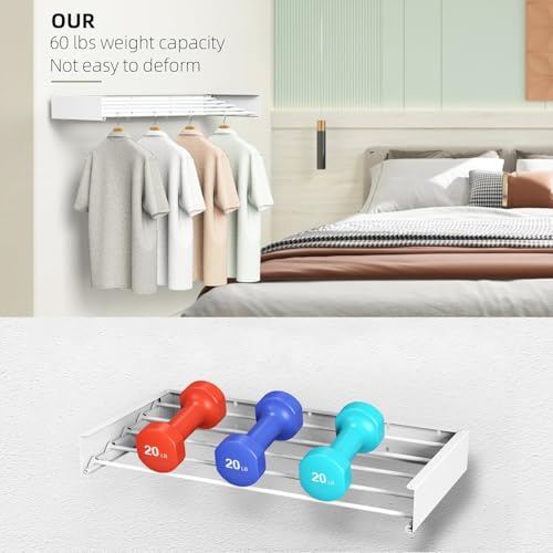 Laundry Drying Rack, Collapsible Wall Mounted Clothes Drying Rack - Drying Rack Clothing Foldable,Space Saving, 32" Wide, 13.2 Linear Ft, 5 Aluminum Rods, 60 lb Capacity (White, 32")