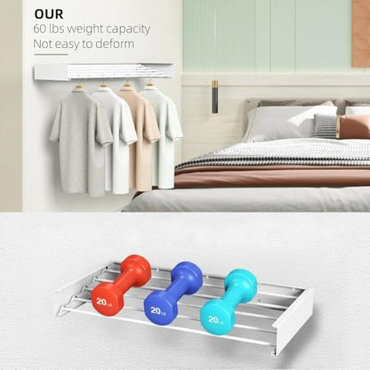 Laundry Drying Rack, Collapsible Wall Mounted Clothes Drying Rack - Drying Rack Clothing Foldable,Space Saving, 32" Wide, 13.2 Linear Ft, 5 Aluminum Rods, 60 lb Capacity (White, 32")