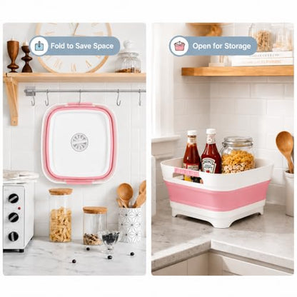 Collapsible Dish Basin with Drain Plug, 2.4 Gal 9L Foldable Wash Basin, Portable Sink Tub for Kitchen, Baby Bottles, Camping, RV, Vegetable Washing and Beverage Tub, Pink - color: Pink