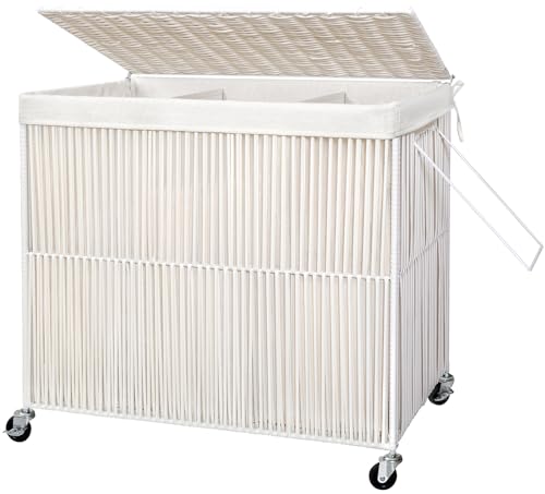WOWLIVE Laundry Basket 3 Section, Handwoven Laundry Hamper with Wheels - color: Creamy White, size: 150l(28.4 X 13 X 26.4 Inches)