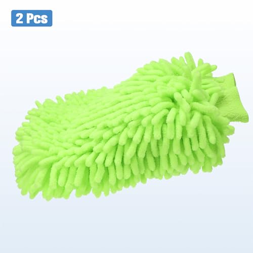 HARFINGTON 2pcs Chenille Microfiber Car Wash Mitts 10" x 7.5" Scratch Free Wash Gloves Absorbent Double Sided Plush Cleaning Drying Mitts for Car Washing Home Clean Lime Green - color: Lime Green