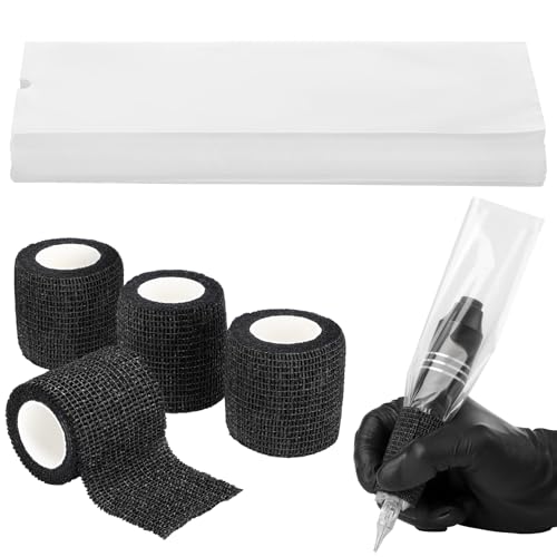 200pcs Tattoo Machines Pen Type Covers Sleeves with 4pcs Black Grip Tape, Clear Plastic Tattoo Pen Machine Bags Cover with Wrap Grip Supplies, Professional Tattooing Equipment Accessories - color: Clear, size: Open Top 200pcs+4pcs