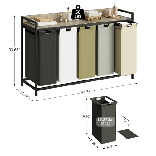 Herture Laundry Hamper with Shelf, Laundry Basket 5 Section, Laundry Sorter with Pull-Out Removable Large 5 Color Bags and Movable Wheels, Metal Frame, 5 x 15.87 Gallons (60L), Greige PF08XLZ - color: Greige + 5-Color, size: 5 Bags-300 L