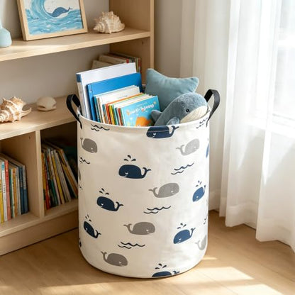 Foldable Waterproof Round Fabric Laundry Basket Home, Blue Cute Whale - color: Round-Blue Cute Whale