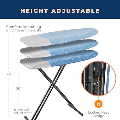 Ironing Board, Compact and Space Saver Foldable Iron Board, Safety Ironing with Park Zone and 3 Layers Extra Thick Cover, Adjustable Height, Easy Storage with Smart Hanger and Lightweight Design - color: Blue, size: 13"x43"