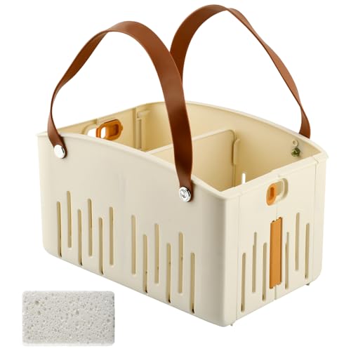 Portable Foldable Shower Caddy with Removable Divider, Bathroom Storage Organizer Tote with Handle & Drain Holes, Quick-Dry Shower Basket for College Dorm, Gym & Camping, Includes 1 Sponge