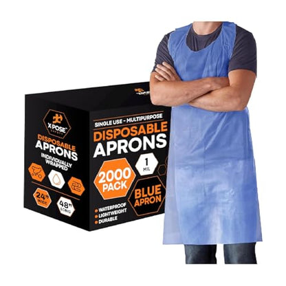 Xpose Safety 2000 Pack Blue Plastic Disposable Bulk Aprons, Individually Wrapped Waterproof Polyethylene Aprons for Cooking, Food Service & Cleaning, 1 Mil, 24" x 48" - color: Blue