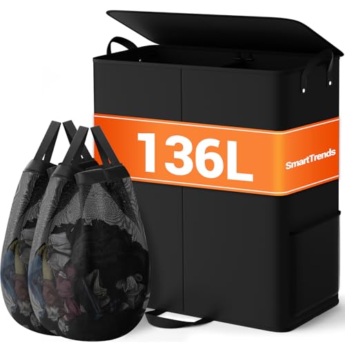 136L 2 Section Laundry Hamper with Lid, Laundry Basket, Black - color: Black, size: 136L