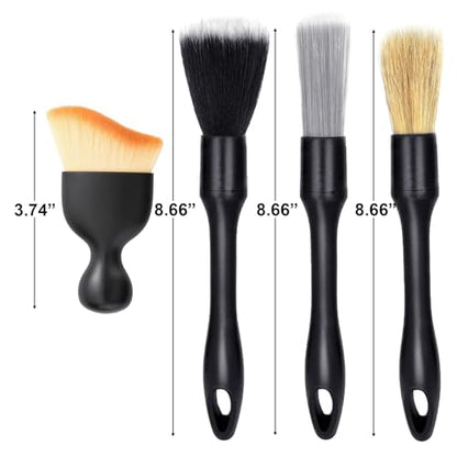 4 PCS Car Detailing Brush Set for Cleaning Interior or Exterior, Boars Bristle Detailing Brushes, Dusting Cleaning Supplies, Tool for Emblem, Air Vents, Wheels, Leather Upholstery Seat