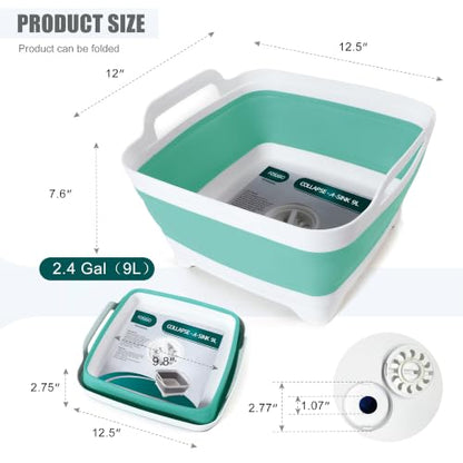 FOSJGO Collapsible Dish Basin with Drain Plug, Foldable Sink, 2.4 Gal (9L) - color: Mint Green