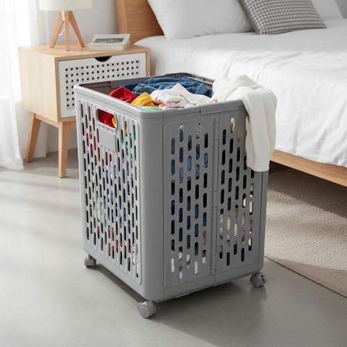60L Collapsible Laundry Baskets, Plastic Laundry Hamper with Handles, Foldable Laundry Bin, Laundry Basket with Wheels for Laundry Room Organization, Ideal for Clothes, Towels, Blanket, Grey