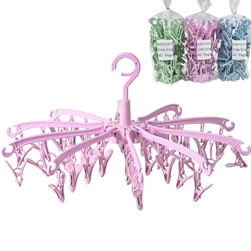 Clothes Sock Drying Hanger with 40 Clips,Foldable Hanging Rack - color: Pink40