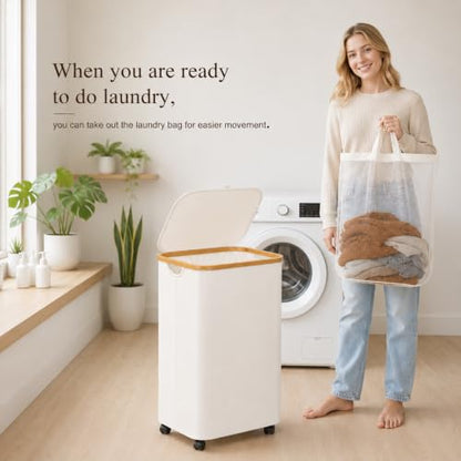 Slim Laundry Hamper with Wheels 110L with Removable Wash Bag White