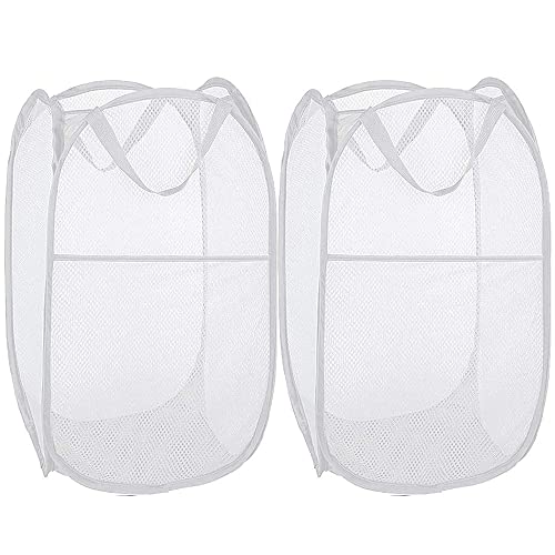 BATTOO Deluxe Strong Mesh Pop up Laundry Hamper Basket with Side Pocket Foldable Hamper for Laundry Room, Bathroom, Kids Room, College Dorm or Travel White + White - color: White+White