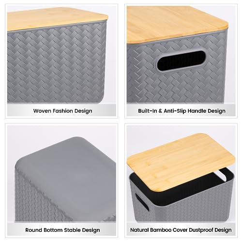 Ohmlove 4 Pack Storage Bins with Bamboo Lids,Stackable Box for Organization - color: Gray