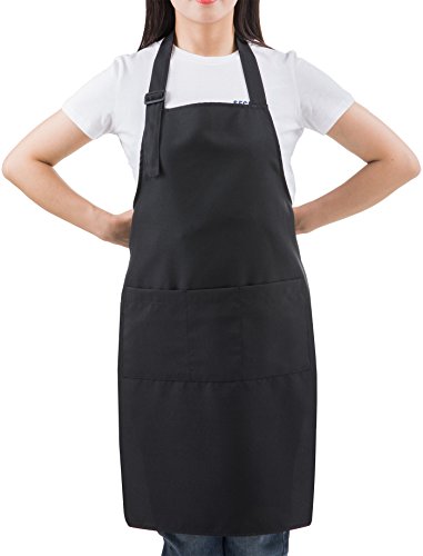 Black Professional Resist Water Adjustable Extra Long Bib Apron 3 Pockets Home Kitchen Garden Restaurant Cafe Bar Pub Bakery for Cooking Chef Baker Servers Craft Unisex - color: Black
