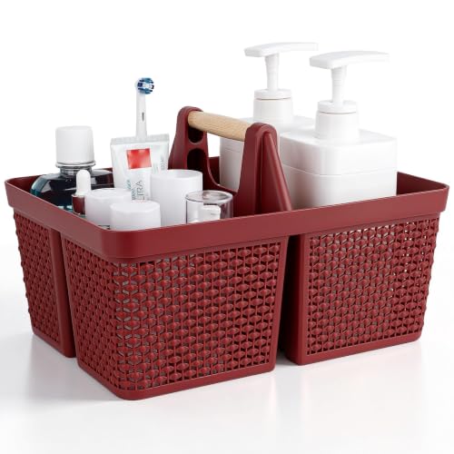 UUJOLY Portable Plastic Shower Caddy Basket with Wooden Handle, Red - color: Red