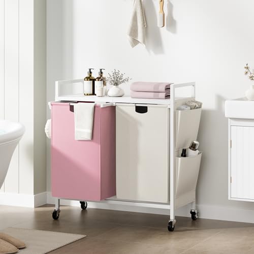 WOWLIVE Double Laundry Hamper with Wheels, Rolling Laundry Basket Organizer - color: White and Pink, size: 110l (30.0 x 13 x 32 Inches)