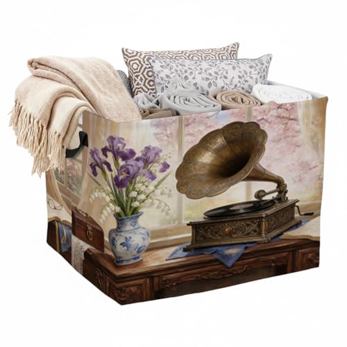 Vintage Gramophone Laundry Hamper 56L Large Laundry Basket with Handles, Foldable Clothes Hamper for Bedroom Bathroom, Decorative Toy Storage Bin, Home Decor Organizer for Blankets, Towels & Toys. - color: Vintage Gramophone