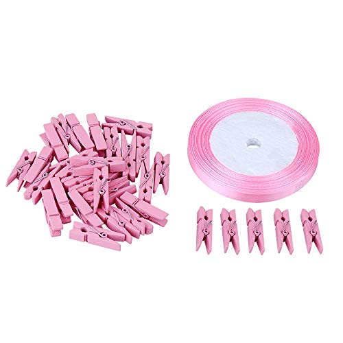 jijAcraft 1.4Inch Mini Clothes Pins - 100Pcs Wooden Clothespins with Ribbon - color: Pink, size: 1.4 inch, 100 pcs