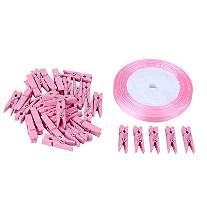 jijAcraft 1.4Inch Mini Clothes Pins - 100Pcs Wooden Clothespins with Ribbon - color: Pink, size: 1.4 inch, 100 pcs